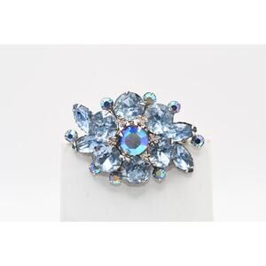 Vintage 1950s Blue Rhinestone Brooch AB Riveted Floral Pin